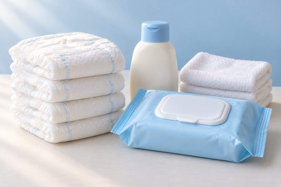 Diapers, baby wipes, washcloths and baby wash