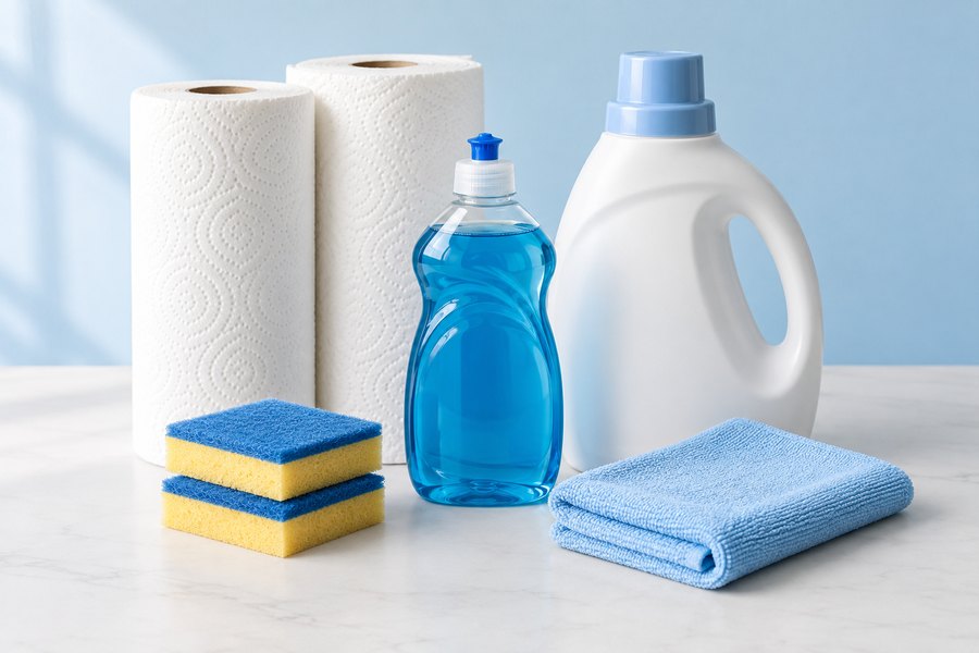 Paper towels, dish soap, laundry detergent and cleaning supplies