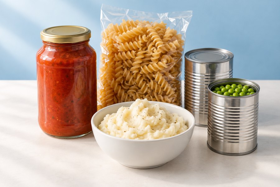 Pasta, tomato sauce, canned vegetables and mashed potatoes