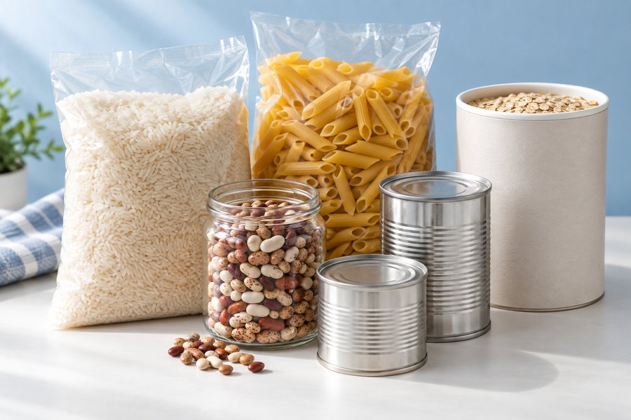 Rice, pasta, beans, oats and canned pantry staples