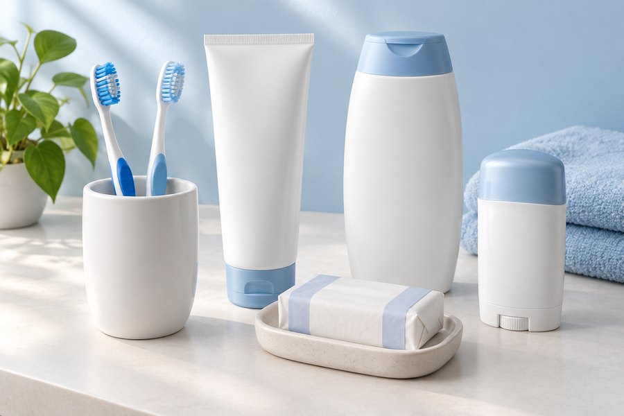 Toothbrushes, toothpaste, soap, shampoo and deodorant