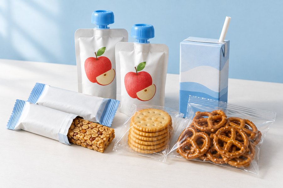 Granola bars, applesauce pouches, crackers, juice and pretzels